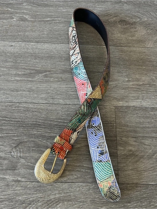 Vintage Accessories - Vintage 80s Abstract Painted Leather Belt Gold Buckle USA M/L 38”